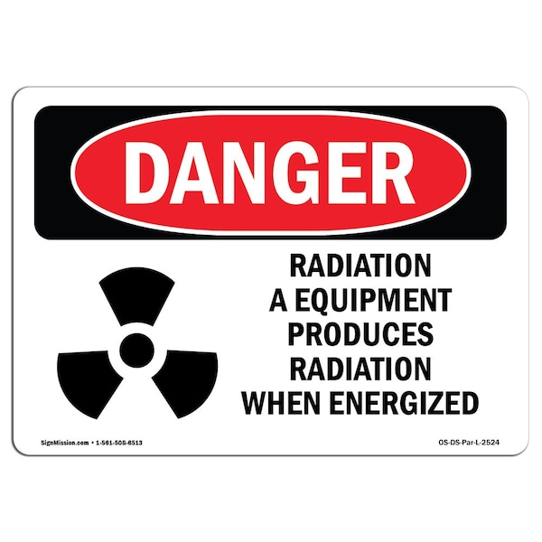 OSHA Sign, Radiation Equipment Produces, 5in X 3.5in Decal, 10PK, 5" W, 3.5" H, Landscap, PK10